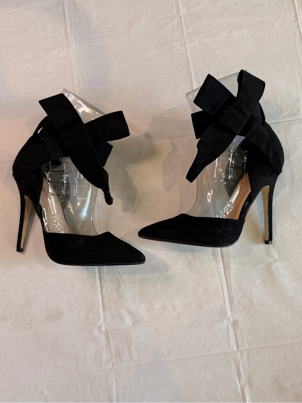 JustFab Hadley Black Faux Suede Bow Ankle Wrap Pointed Toe Heels Size 8.5
